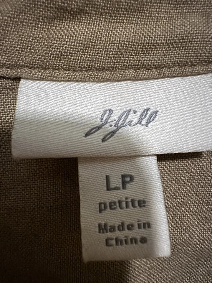 J Jill Linen Jacket Blazer Sz Petite L Brown Ruffle Trim Long Sleeve Lagenlook - Image 3 of 4