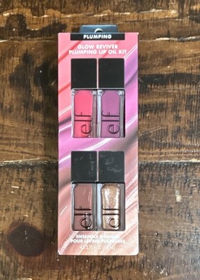 e.l.f. Glow Reviver Plumping Lip Oil Kit 4pc Pink Purple Brown Gold 0.25oz