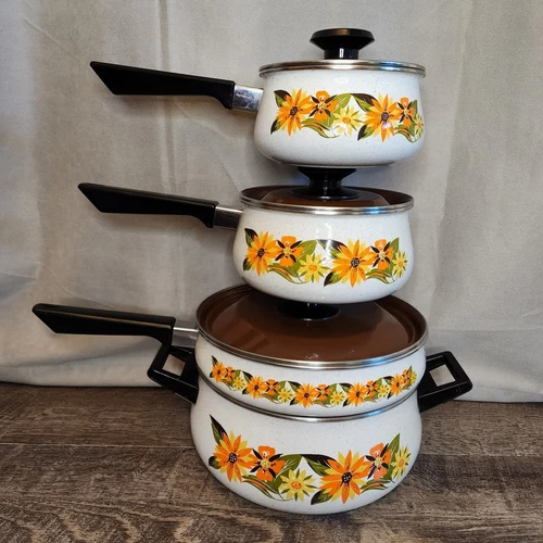 Vintage 70s Enameled Steel Cookware Set Orange & Yellow Daisy 7 pcs Heavy