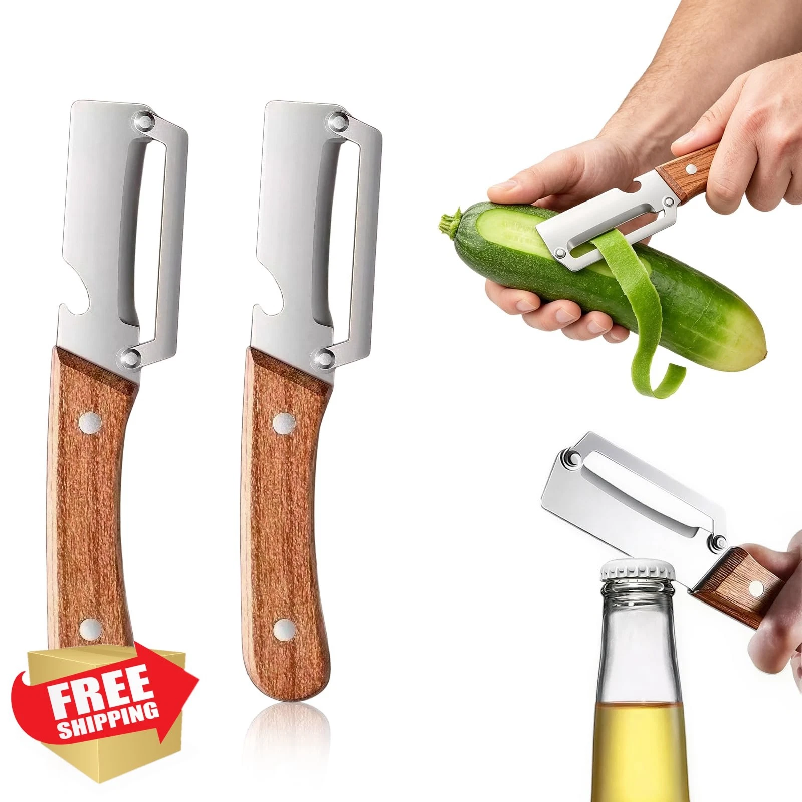 Fruit Peeler Knife Stainless Steel Thickened Wooden Handle Bottle Opener