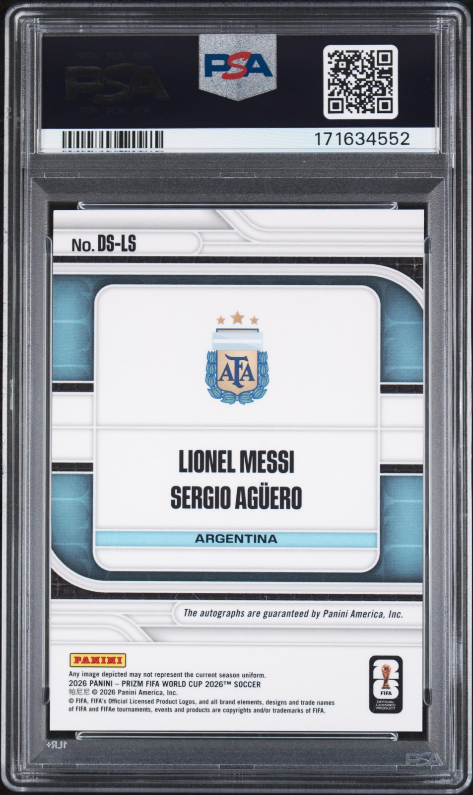 2026 PANINI PRIZM FIFA WORLD CUP DUAL AUTO #LS LIONEL MESSI/SERGIO AGUERO PSA 9 view 2