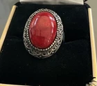 VINTAGE 925 STERLING SILVER RED CORAL RING SZ 7