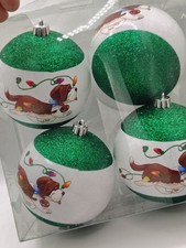 Set of 4 Christmas Ornaments Dog Saint Bernard Family Pet Lover Green Glitter