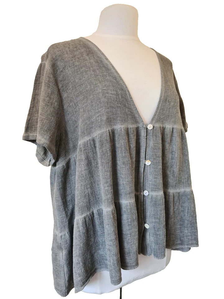 Italian Washed Linen Top Lagenlook V Neck button closure Grey One Size UK 10-16 - Image 2 of 4