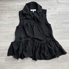 FRAME Women's Silk Ruffle Peplum Blouse XS Black Sleeveless Tie Neck