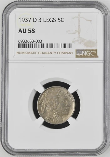 1937 D Nickel Indian Head or Buffalo 3 Legs NGC AU-58 