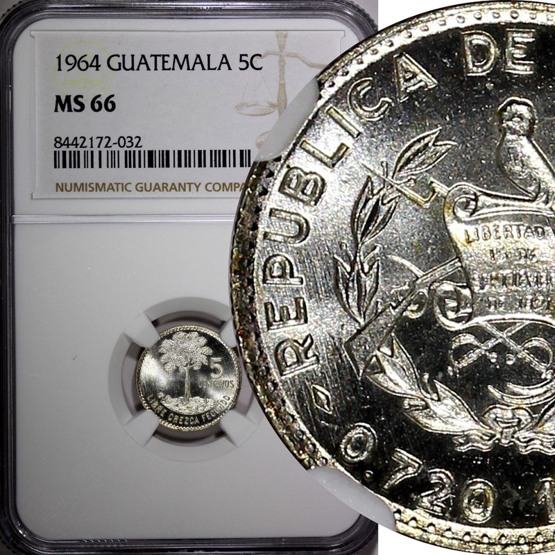 GUATEMALA Silver 1964 5 Centavos KEY DATE NGC MS66 GEM BU LUSTER KM# 261 (032)