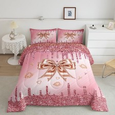 Pink Bowknot Comforter Set Twin Size Glitter Print  No Glitter Comforter for B...