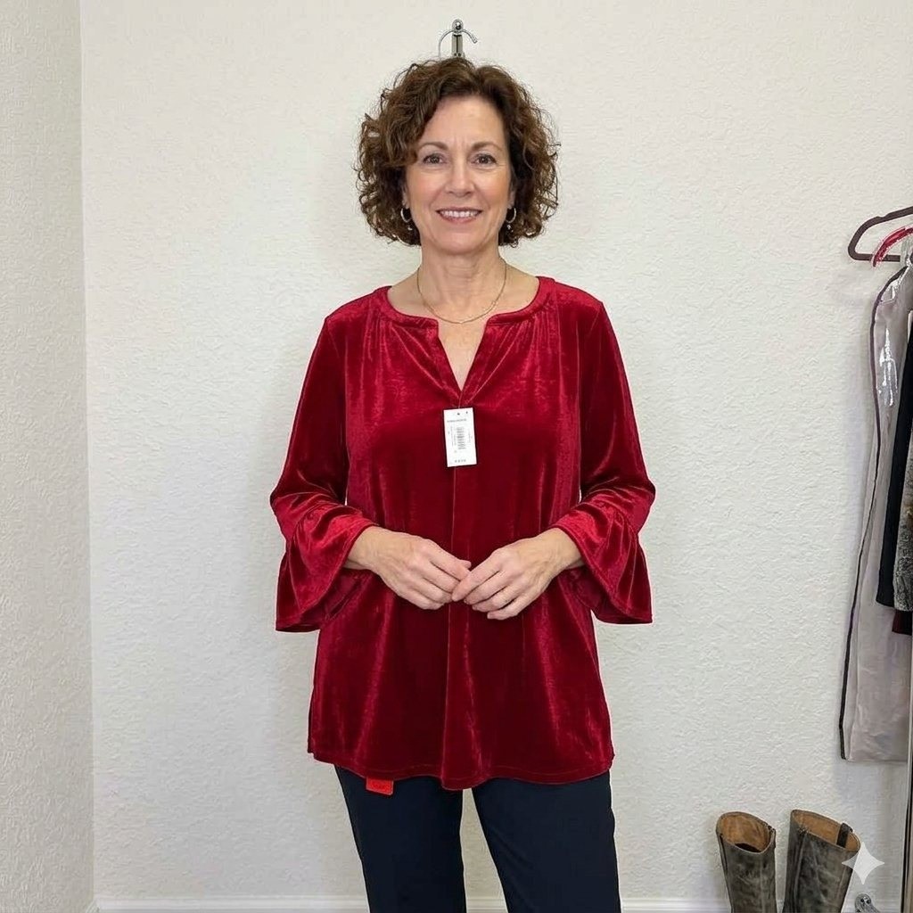 NWT Intro Stretch Red Velvet Ruffle Sleeve Split Neck Blouse Top 2X 3-44682V