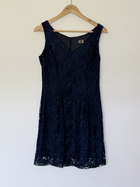 Miss Shop VTG 90s Navy Floral Lace Overlay Whimsigoth Mini Sheath Dress Sz 10