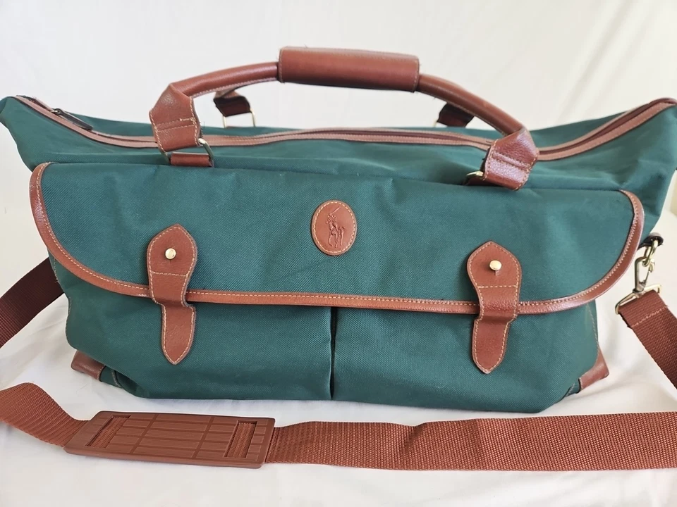 Polo Ralph Lauren Duffle Weekender with Buckle Strap Large Green Canvas Pony VTG - Image 2 of 4