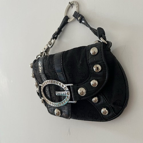 BORSA GUESS VINTAGE Y2K TASCHE SCHWARZ SWAROVSKI MONOGRAMM UND VEGANES LEDER - Bild 2 von 8