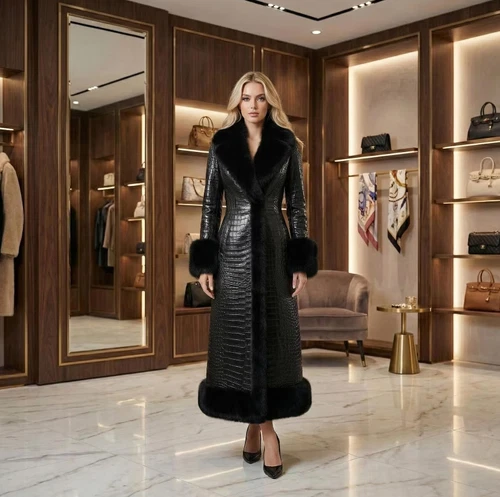 Women's Genuine Cowhide Leather Crocodile Embossed Long Coat With Fur Trim image 6
