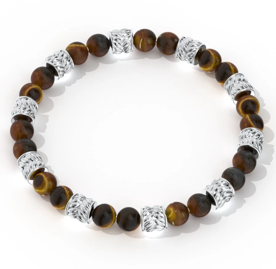 Pulsera de plata de ley 925 con motivo oxidado ojo de tigre dorado con cuentas joyería para hombre Foto 2 de 4