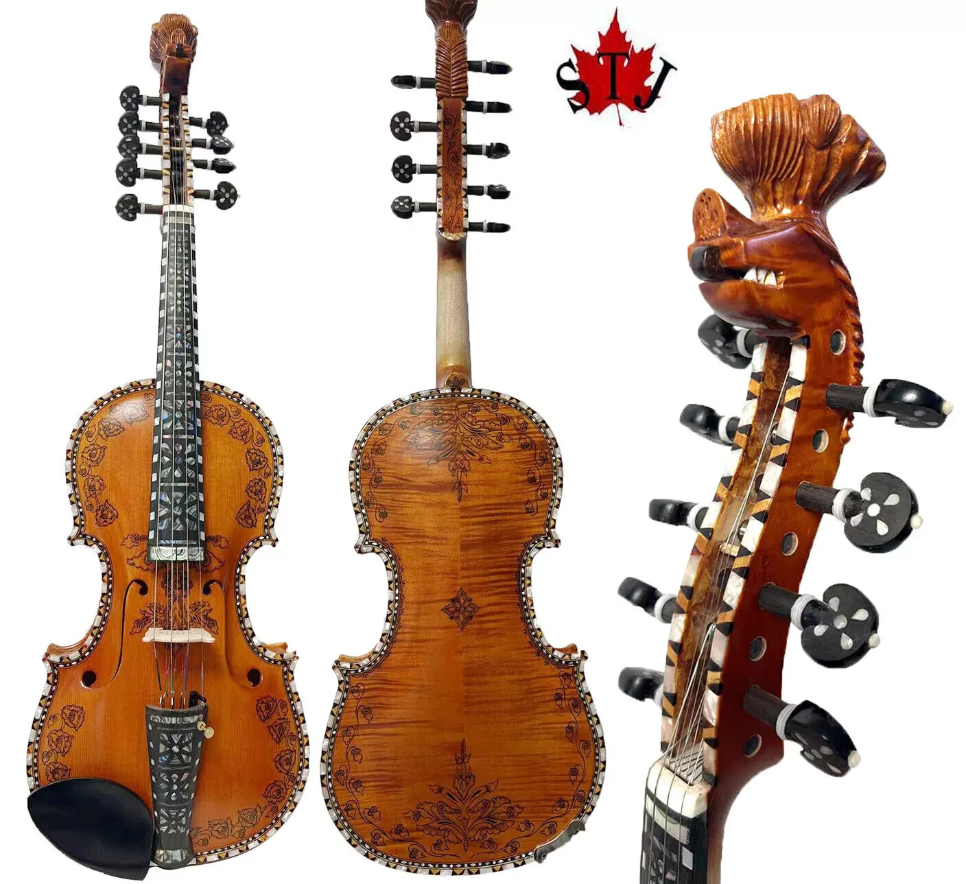 Deluxe fancy Handanger Norwegian fiddle, Full size 9 strings Violin, Drawing