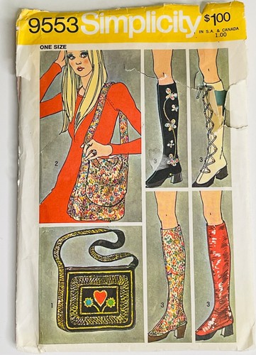 VTG 70'S SIMPLICITY 9553 PATTERN BOHO HIPPIE GO-GO BOOT SPLATS &HOBO PURSE HEART
