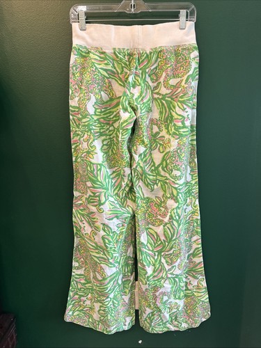 Ladies Lilly Pulitzer Green 100% Linen Seeing Pink Elephants Beach Pants Sz S - Picture 2 of 5