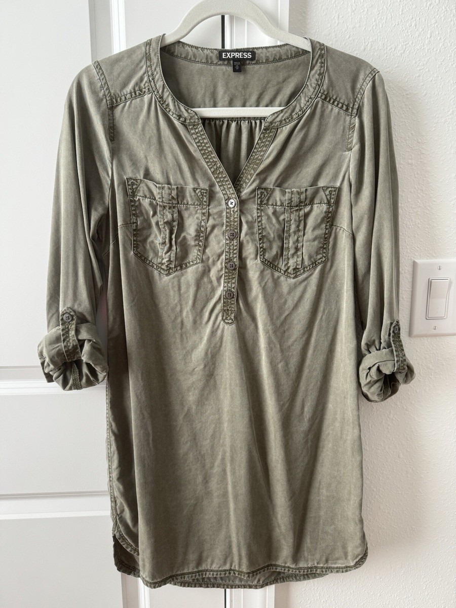express olive green dress Womens Shirt Roll Tab Long Sleeves Faded Distressed XS Suits