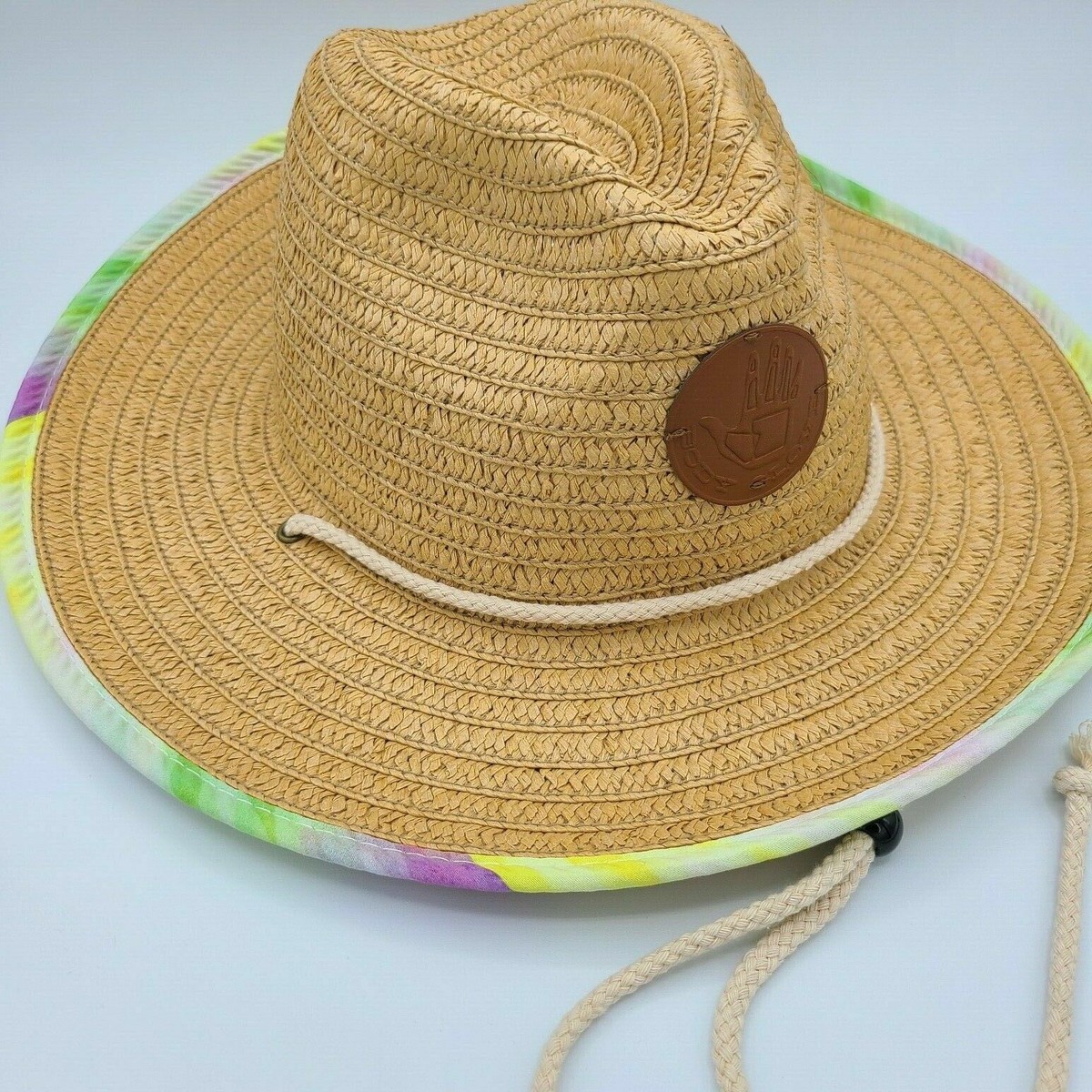 Body Glove Straw Sun Hat Cap Drawstring Tropical Aloha Hawaii Beach Rainbow  Brim