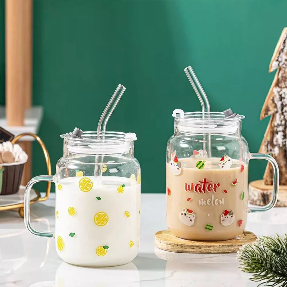 Glass Cup With Lid and Straw 