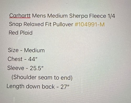 Carhartt Medium Sherpa Fleece 1/4 Snap Pullover #104991-M Red Plaid Relaxed Fit - Picture 9 of 9