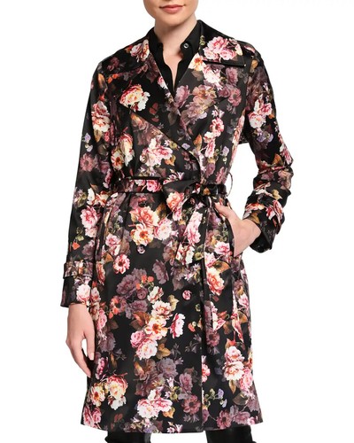 Women's L'Agence Atticus Floral Print Trench Coat, Size Medium - Black