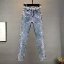 New Rhinestone High Waisted Casual Pants Women Fashion Jeans Blue