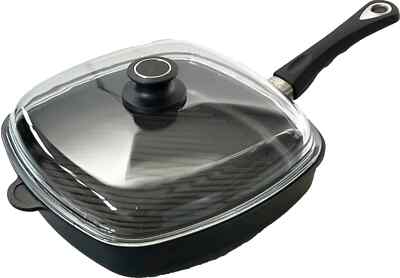 AMT Grillpfanne Steakpfanne Induktion mit Glas-Deckel 28 x 28 x 5cm Schwarz NEU