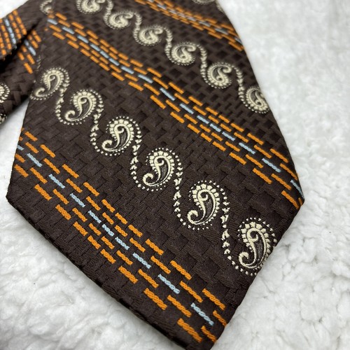 1970s Tie Brown Geometric Brocade Orange White Striped Paisley Art to Wear 4x55” - Picture 3 of 13