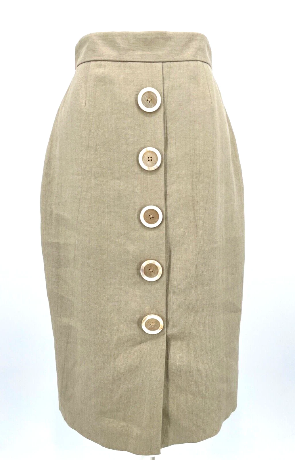 NEW $328 Elie Tahari Womens 4 Estelle skirt Big Button Front Pencil Beige linen
