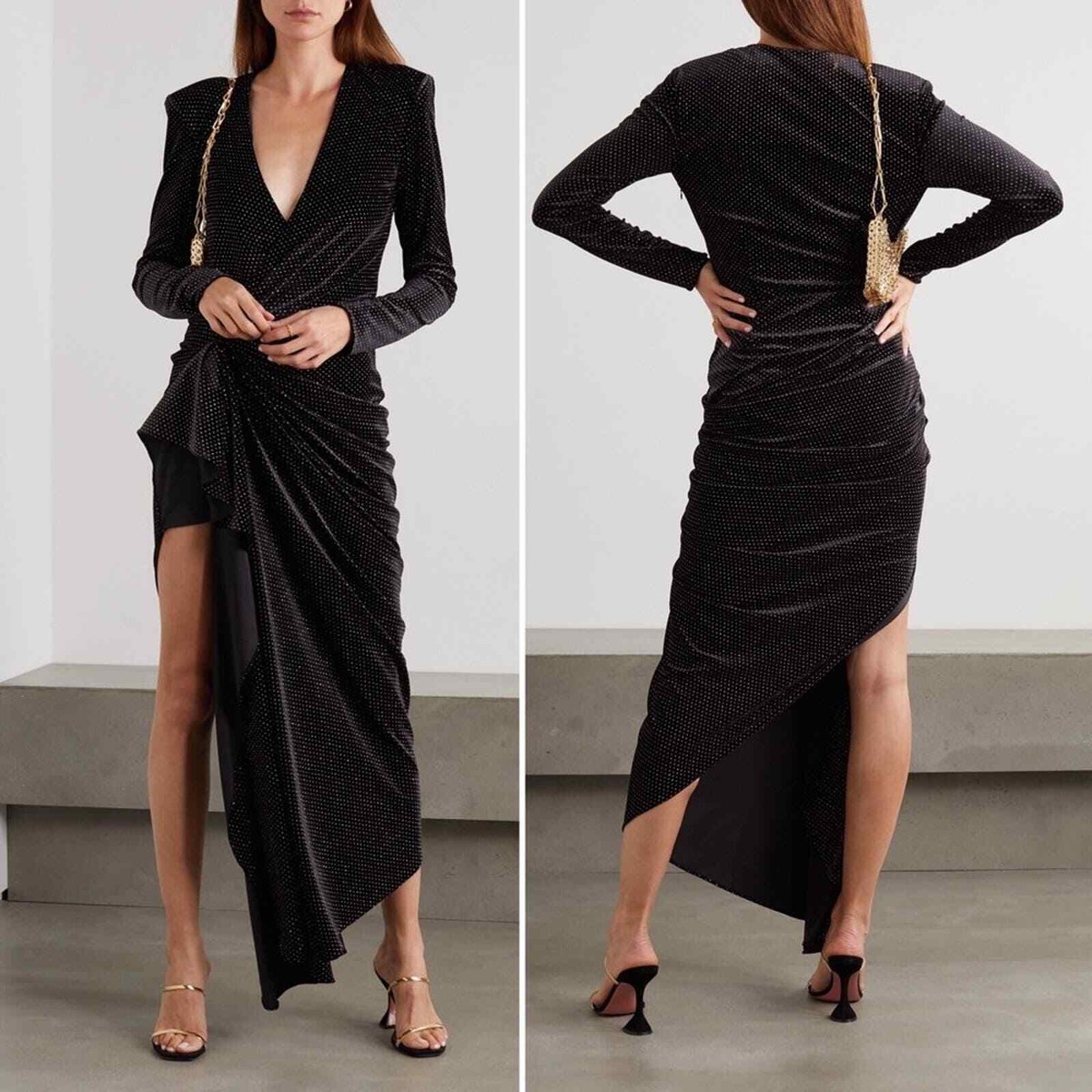 REDEMPTION Cindy Gathered Wrap Draped High Slit Velvet Glitter Dress Black  Sz 6