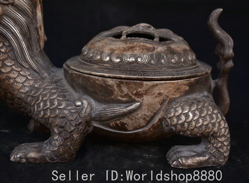 9.2" Old China Silver Fengshui Dragon Tortoise Turtle Beast Incense Burner - Picture 3 of 13