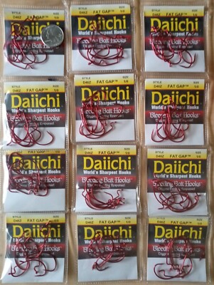 12-Pack LOT Daiichi Bass red worm Hooks 1/0 Fat Gap Bleeding  D46Z (84 hooks)