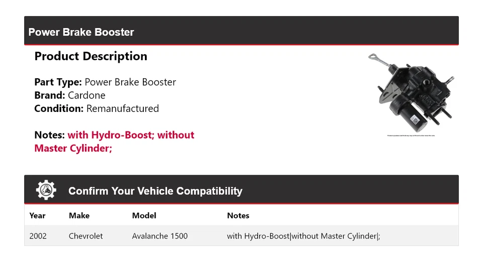 Chevrolet Avalanche 1500 2002 potencia freno Booster Cardone Foto 2 de 3