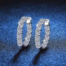3mm 2.4ct Iced Moissanite Hoop Huggie Earrings Women 925 Silver Platinum Plated