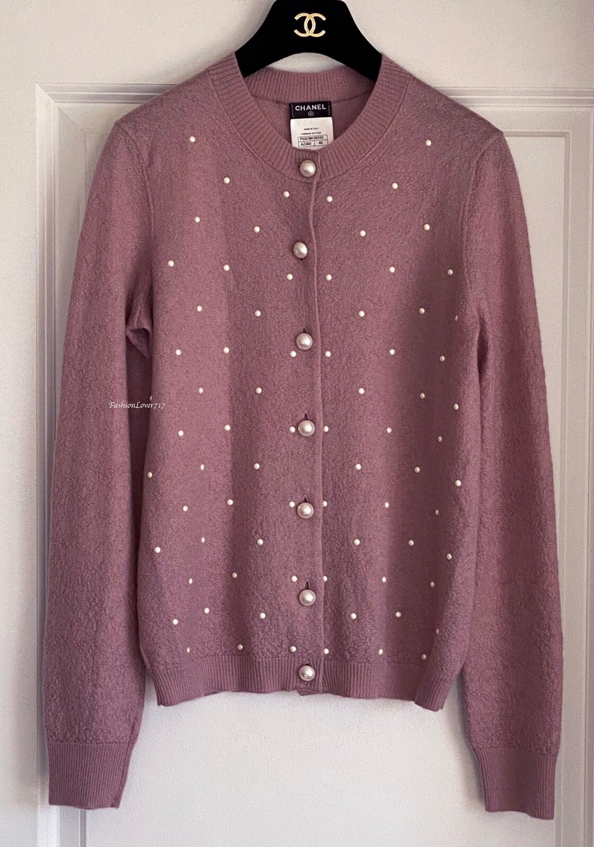NEW 14A CHANEL MAUVE PINK WHITE PEARL BUTTON MOHAIR CASHMERE