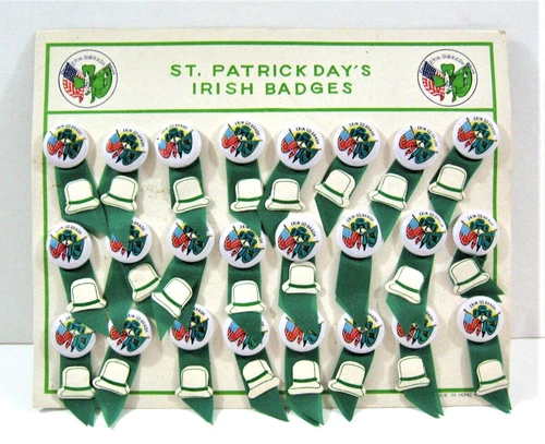 Vintage St Patricks Day Tin Litho Badges Ribbons & Hats Store Display Old Stock