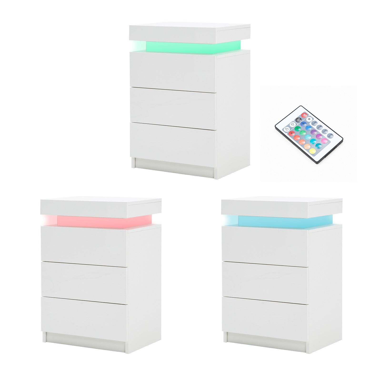 Bedside Table 3 Drawers RGB LED Bedroom Nightstand Gloss GLORY
