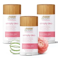 Aluminum Free Deodorant Stick Raw Sugar Simply Deo Beach Rose + Aloe 3 PACK
