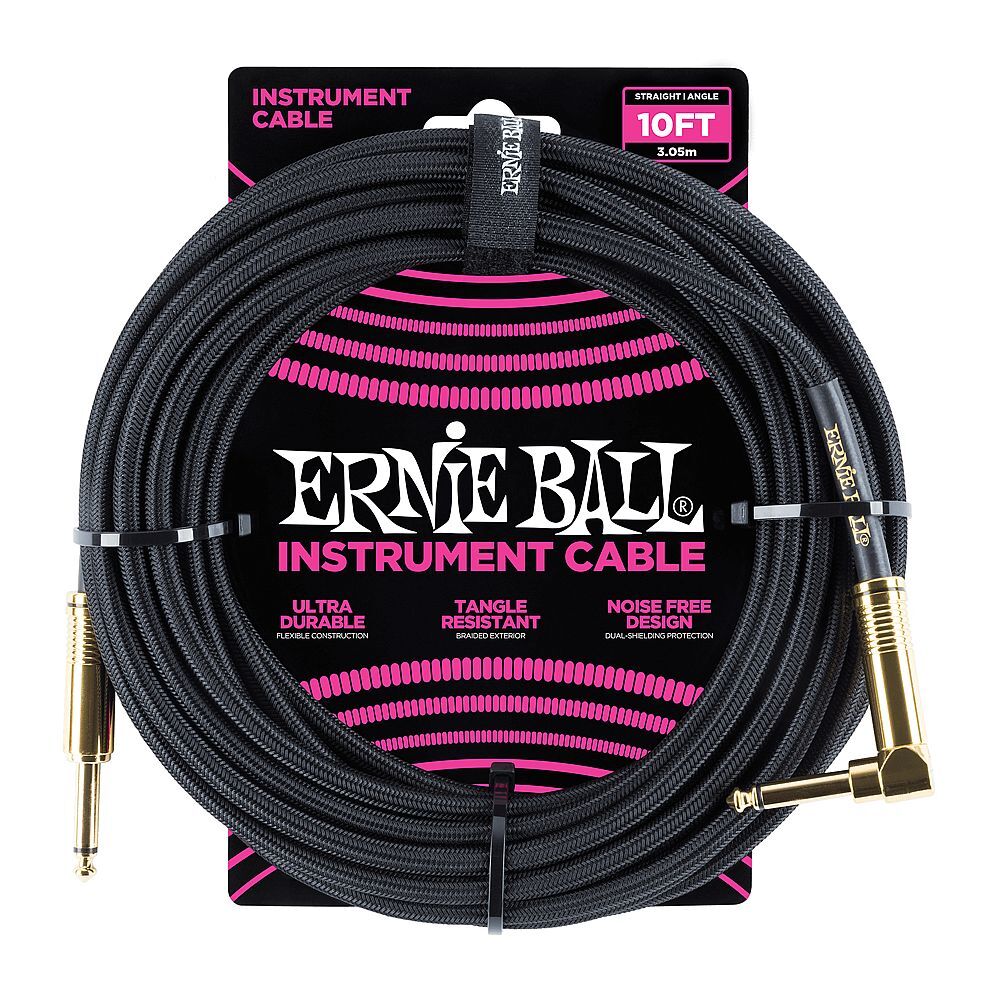 Ernie Ball Braided Guitar / Instrument Cable (Black, 10 ft, Straight/Right Angl…