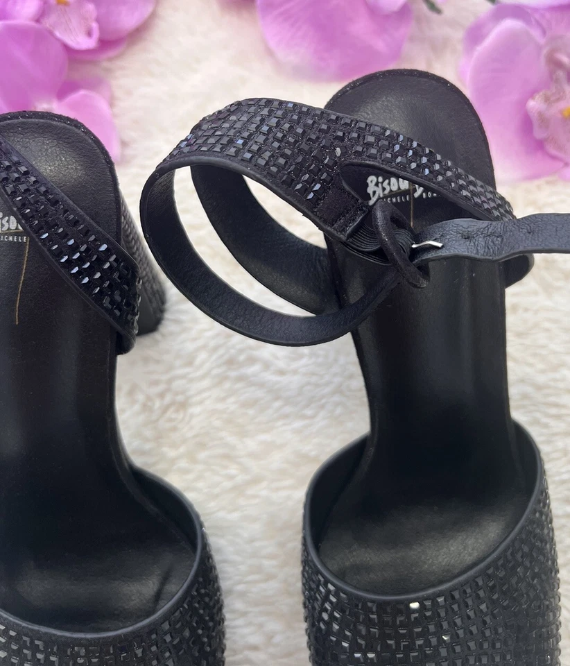 Bisou Bisou Black Size 7.5 Open Toe Heels Platforms Bling Stones & Ankle Closure - Image 4 of 4