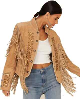 Women's New American Native Light Brown Suede Leather Jacket Fringe & Bone Style
