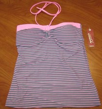 NEW ARIZONA JEAN CO. WOMENS GREY AND PINK STRIPE TANKINI SWIMSUIT TOP SZ S