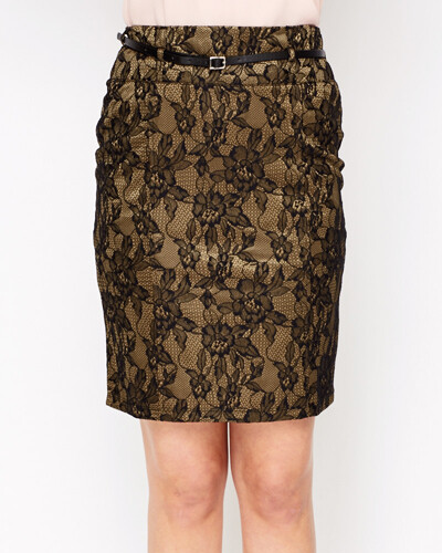 Vila Joy Belted Skirt Lace Overlay Lined Size 16 Uk BNWT RRP €49.95 Black/Beige