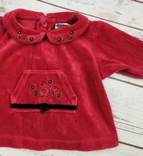90s Vintage Baby OshKosh Red Velour Rose Embroidered Top – Size 0–3M