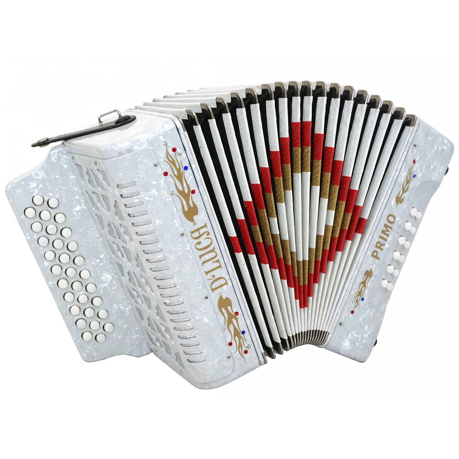 D'Luca Primo Button Accordion 31 Keys 12 Bass on GCF Key, Case and Straps, White