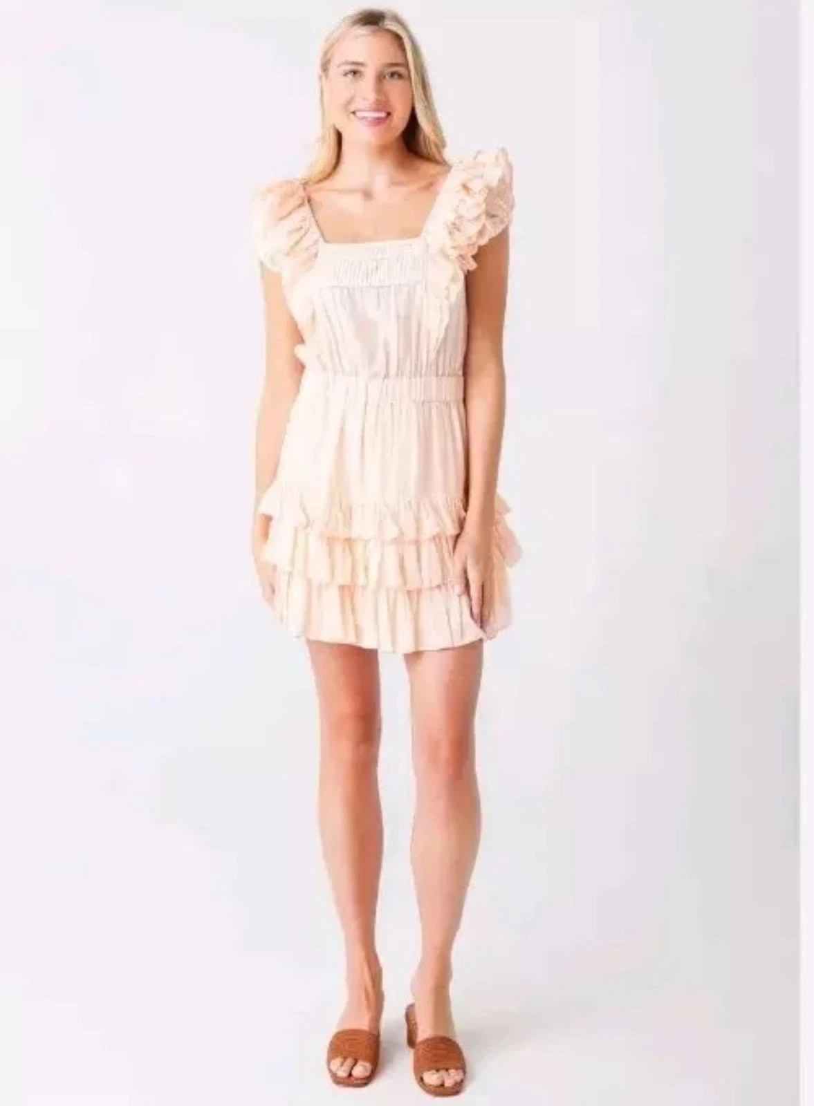 PALM ANGELS LoveShackFancy Avorio Mini Abito Increspato Seta Cotone Beige Arancione Donna Grande