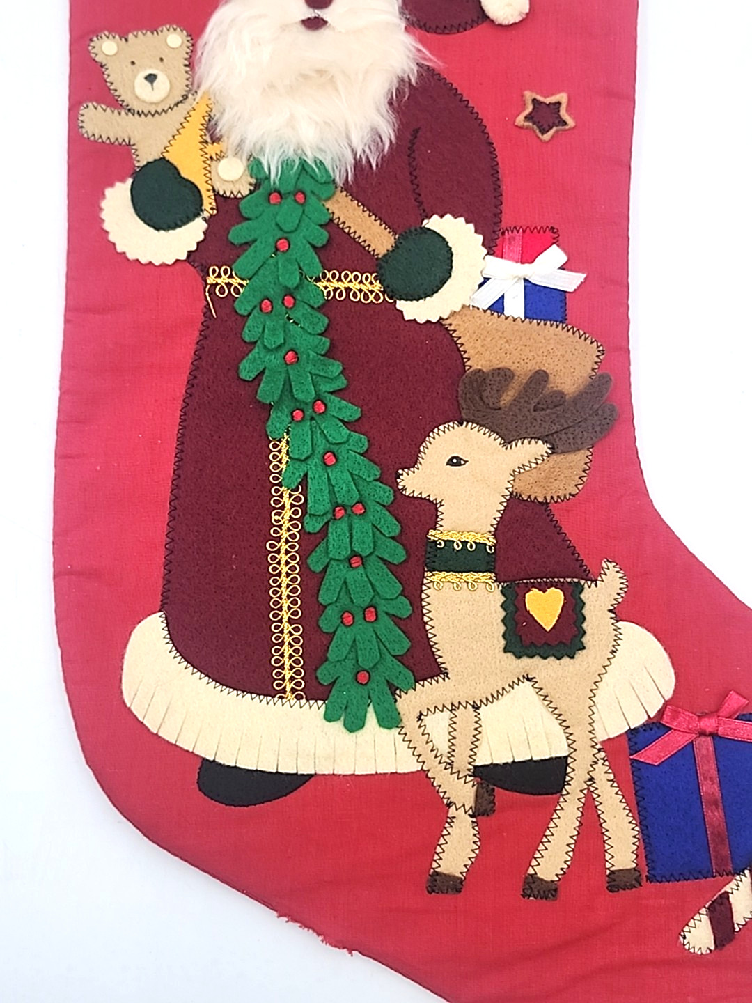 2 Felt Applique Christmas Stockings Santa W Reindeer & Snowman Primitive Style