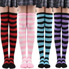 1pair Stripe Over Knee Socks Women Thigh High Blue White Long Tube Knee Socks