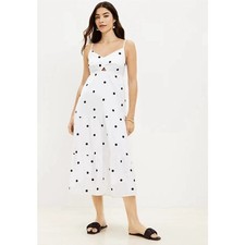 LOFT Size XL White Black Floral Embroidered Twist Front Ruffle Hem Midi Dress